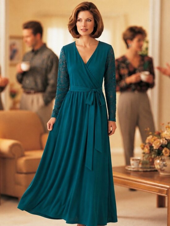Zattcas Dresses & Skirts - Zattcas Womens XL Maxi Dress Teal Long Sleeve Lace Boho Statement Elegant Gown